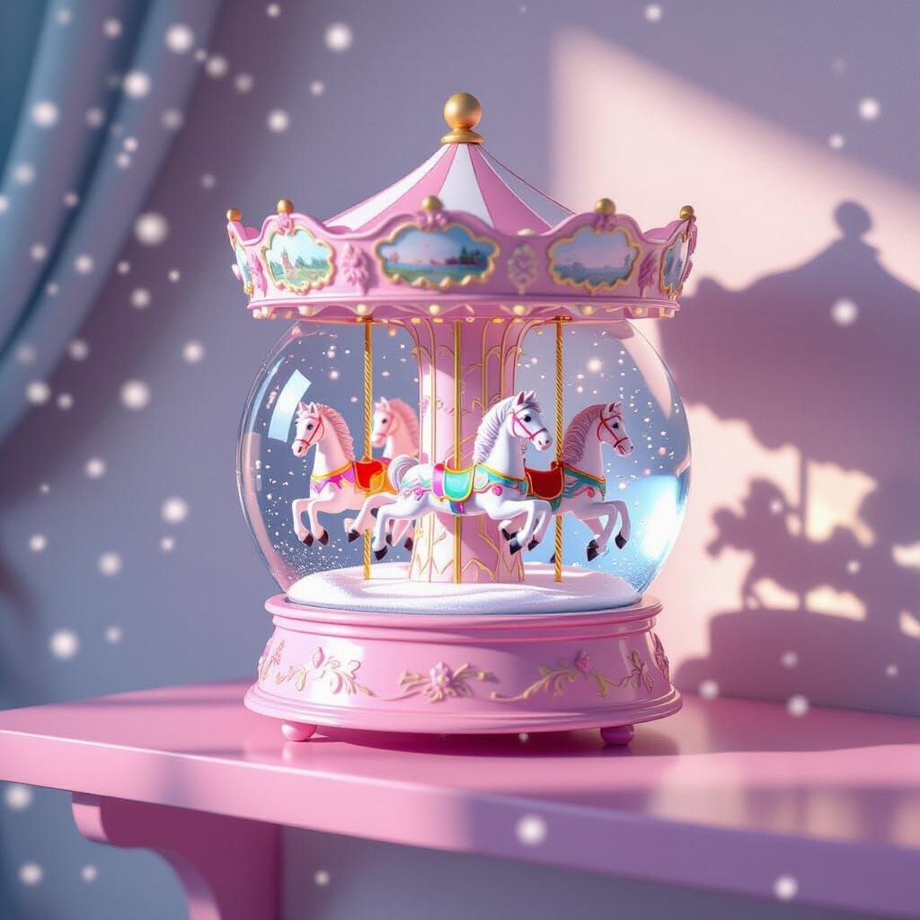 Whimsical Carousel Snow Globe on Pink Shelf