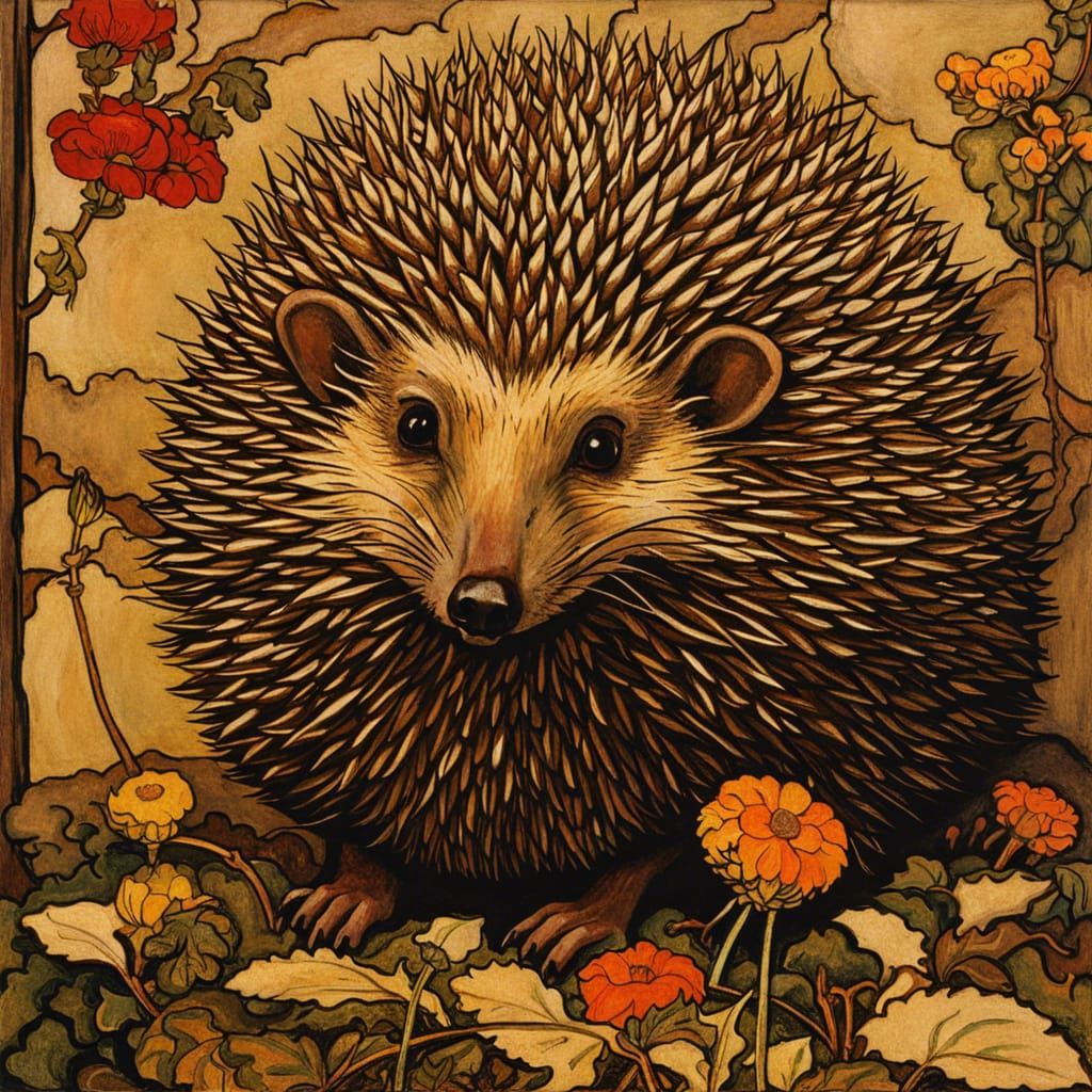 Hedgehog lays out a flower ornament on the wall of a madhous...