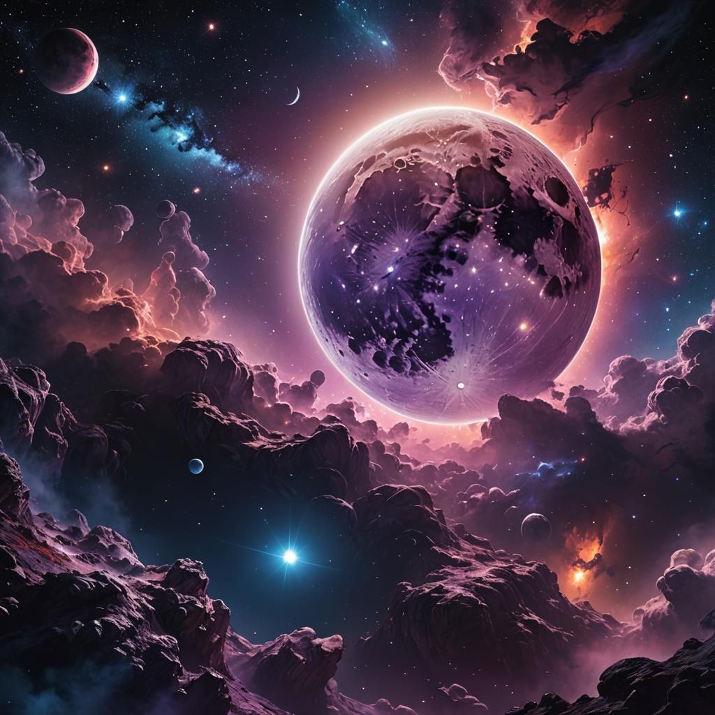 Full Moon and Stars in Space Oil Painting