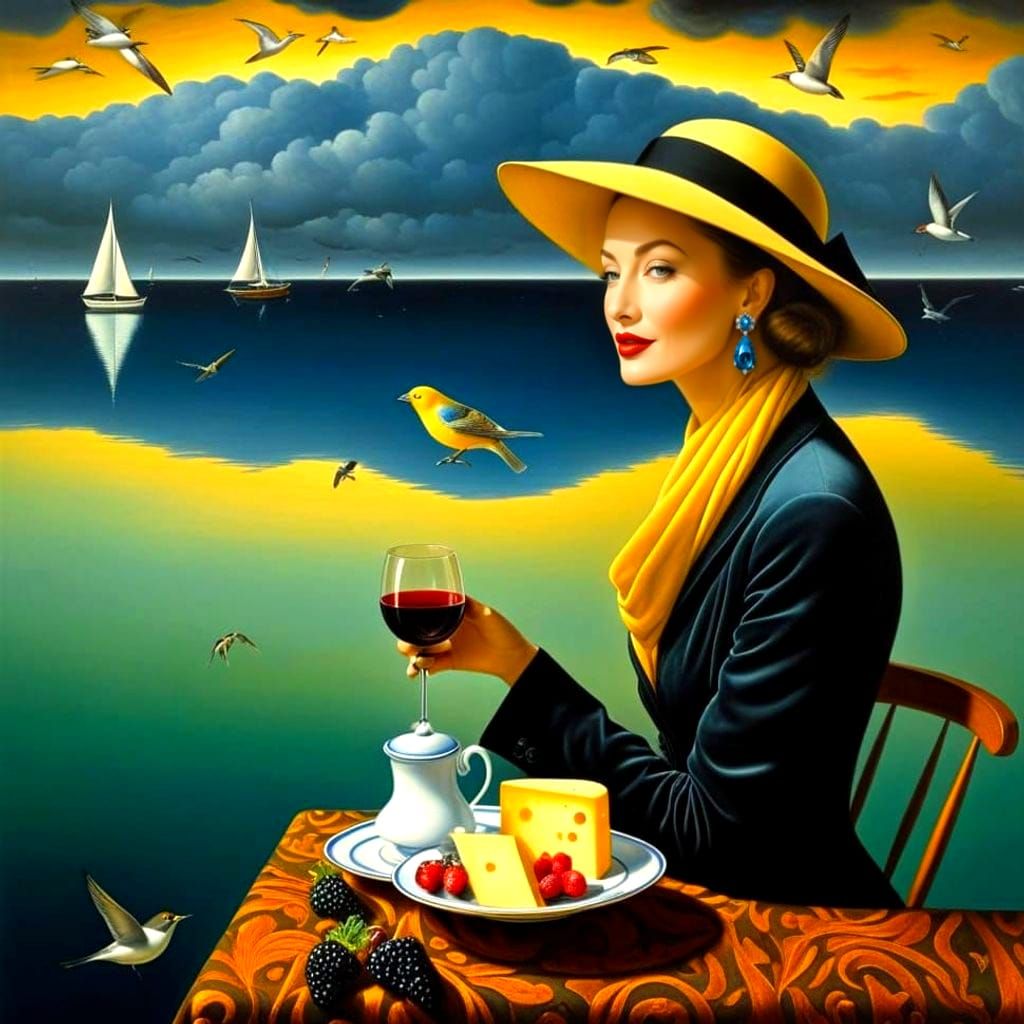 Surrealistic Portrait of a Happy Lady in a Fantastical Scene