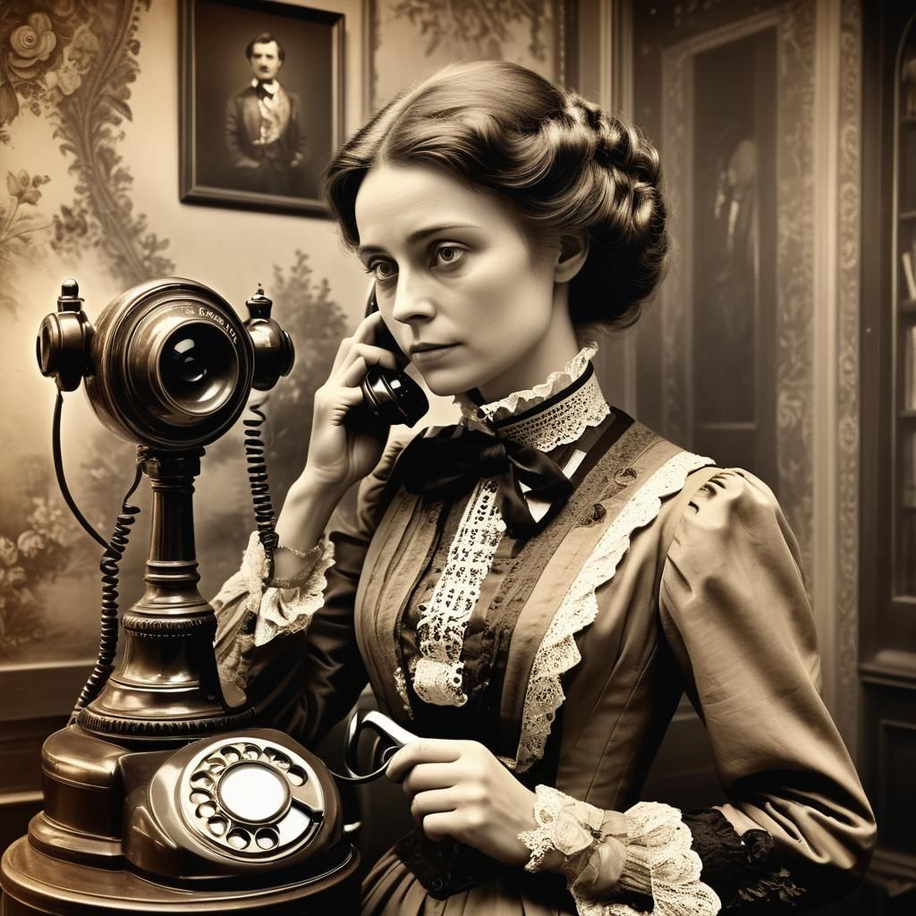 sepia tone photograph of a victorian person next to a telephone  by @David Grewcock