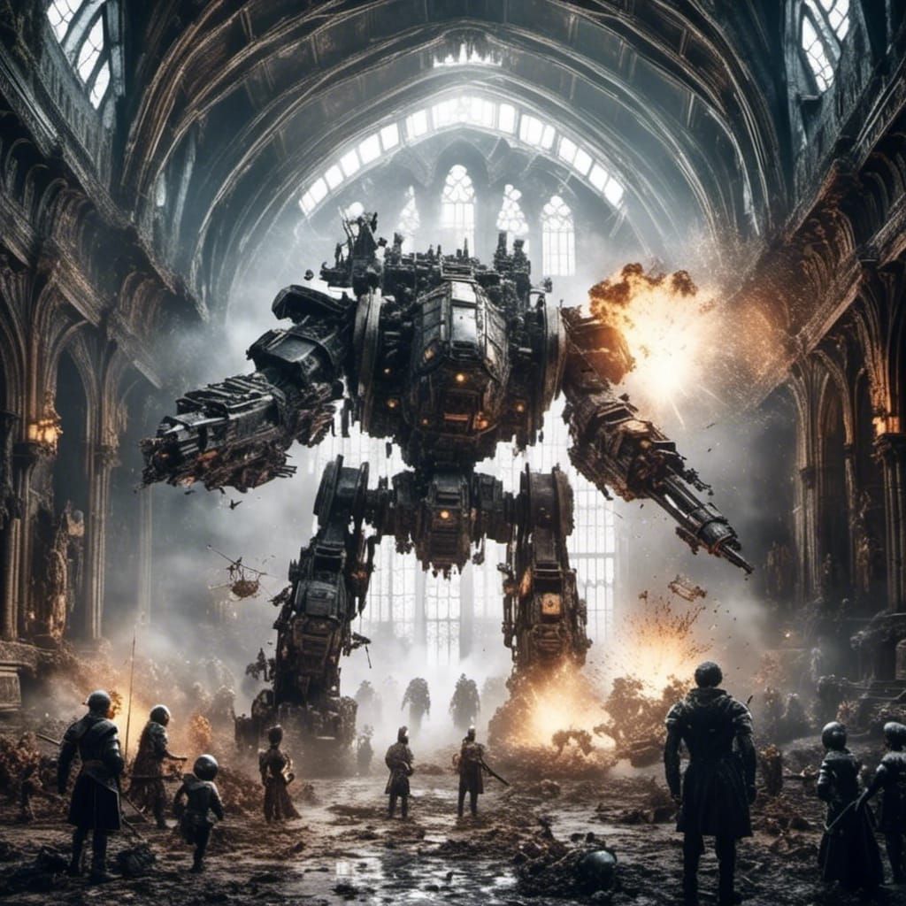 <lora:Dark fantasy realism:1.0> A war mech emerges through a wormhole its guns blazing into the wrecked main hall of a medieval castle where...