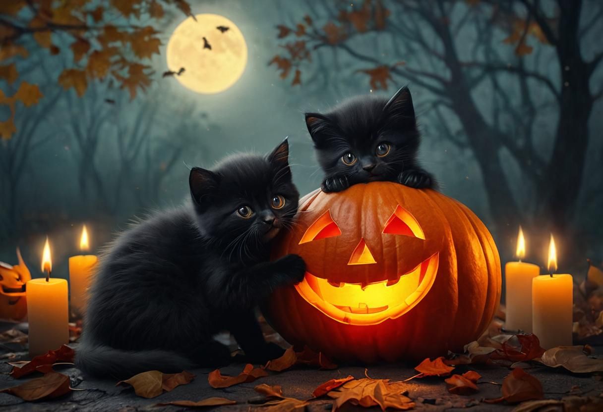 Adorable black kittens carving a smiling jack-o-lantern on a misty Halloween night. Moonlight, candles, autumn leaves, trees.
