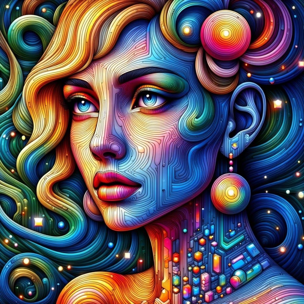 <lora:Prismatic Lines:1.0> Prismatic lines glass art Hyperrealistic portrait of a beautiful woman wearing intricately detailed colorful clot...