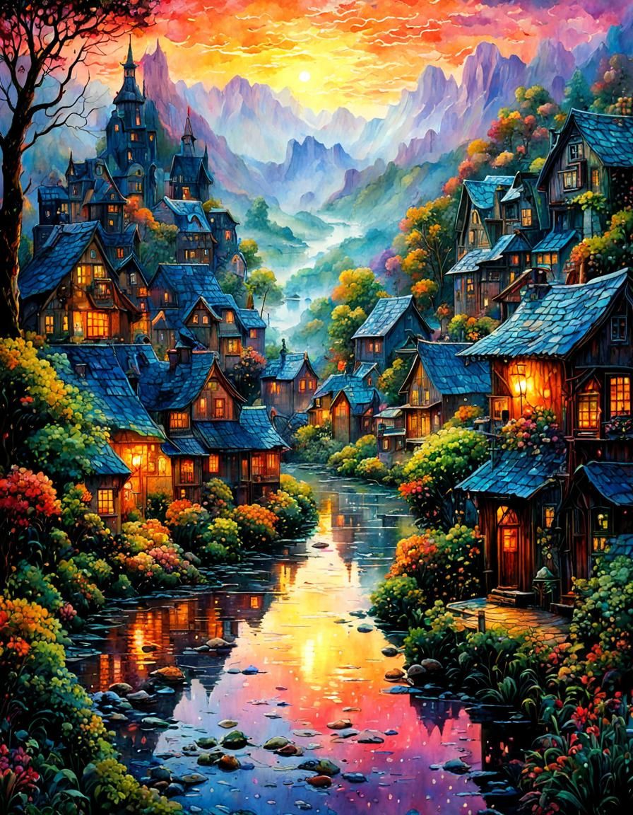 Watercolor, wet on wet , sunrise, rain, watercolor patchwork landscape village art by Daniel Merriam, ...  by @Kindly Offer