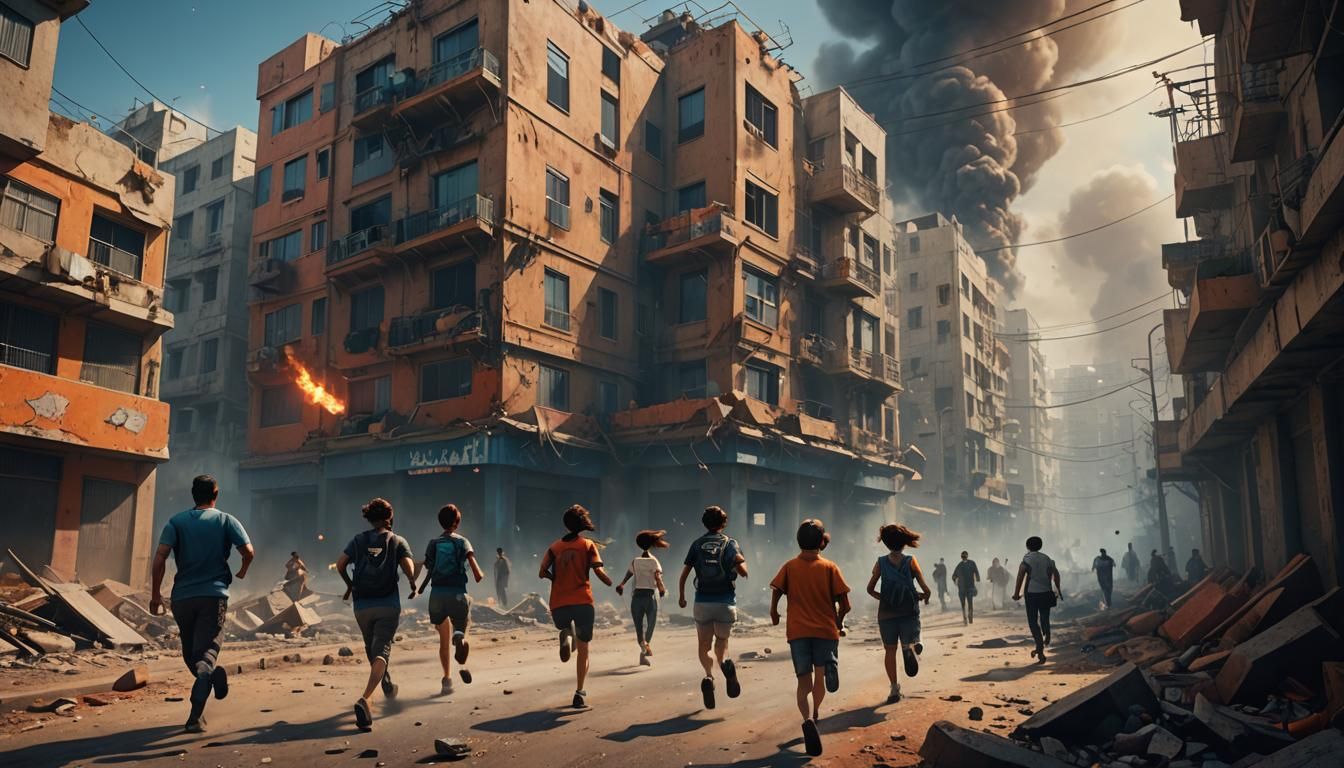 An image of evacuations in Tel Aviv during the attack, showi...