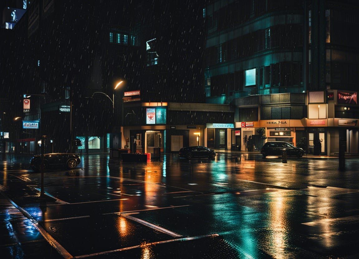 A rainy urban street corner at night. - AI Generated Artwork ...