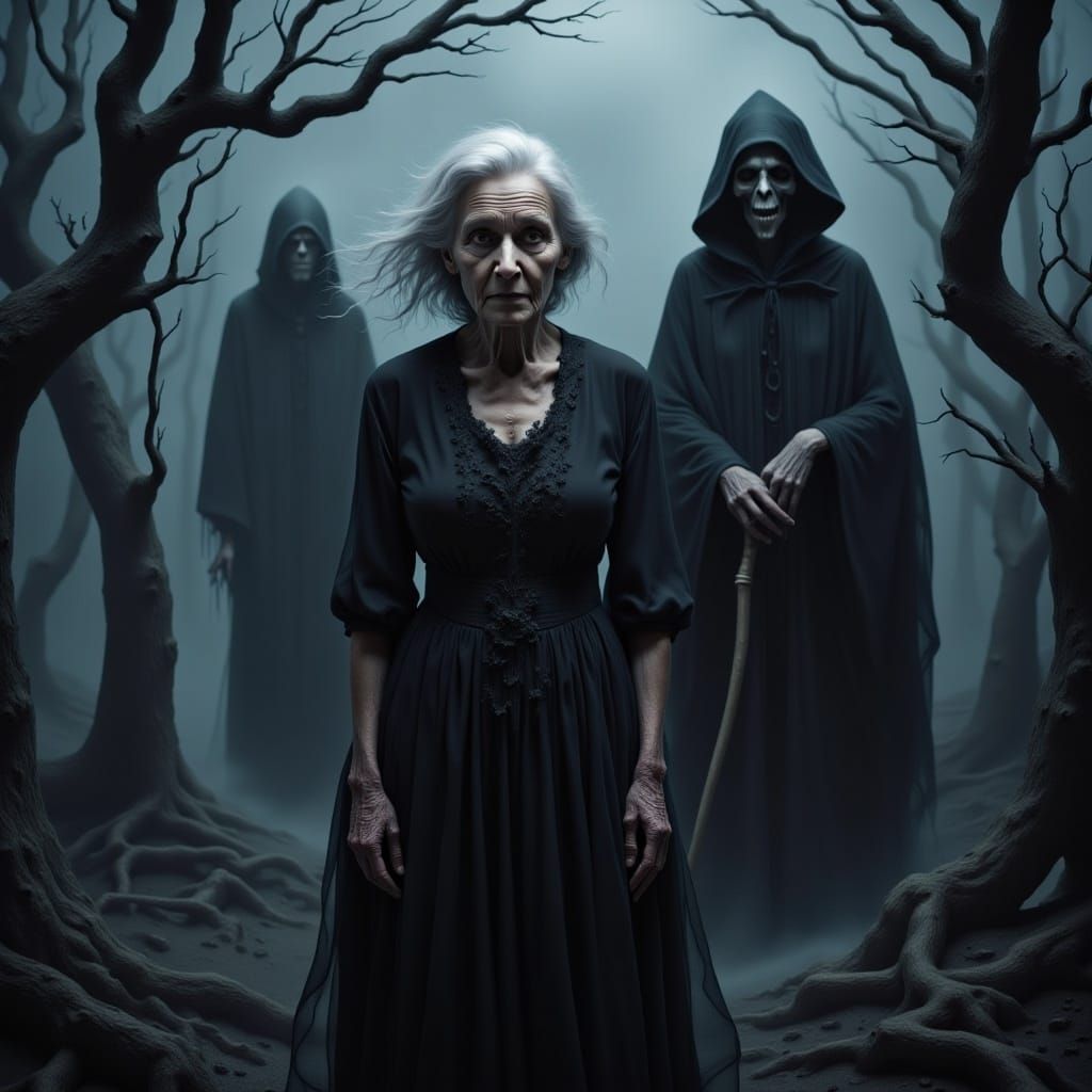 old lady with the grim reaper <lora:Eerie Vibes V1:1.0> 