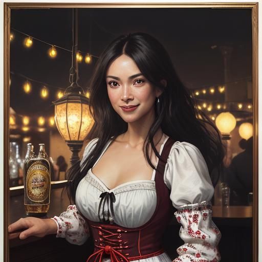 A beautiful, confident Bavarian woman, in a traditional Dirndl-style mi...