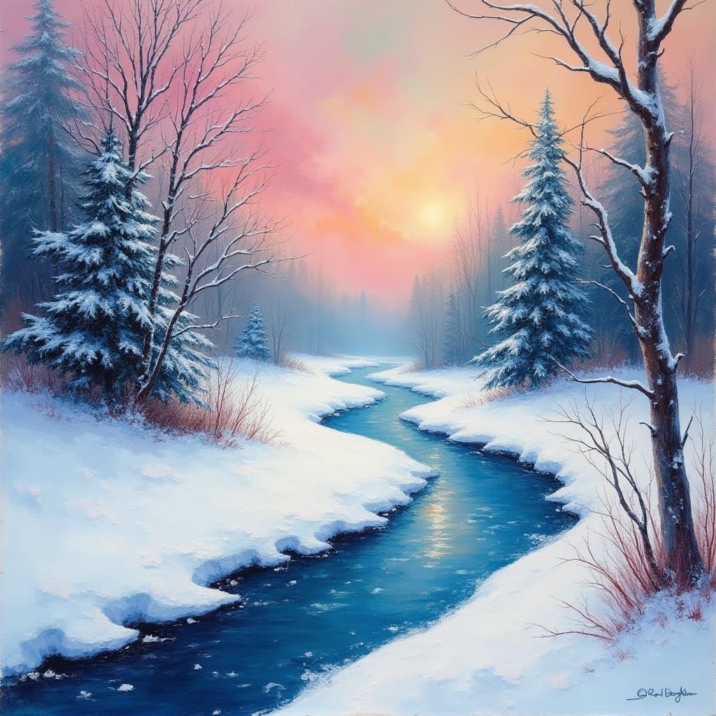 A Winding River with Snow Laden Trees in Oil Pastels  by @Kata Lianna Tanaii