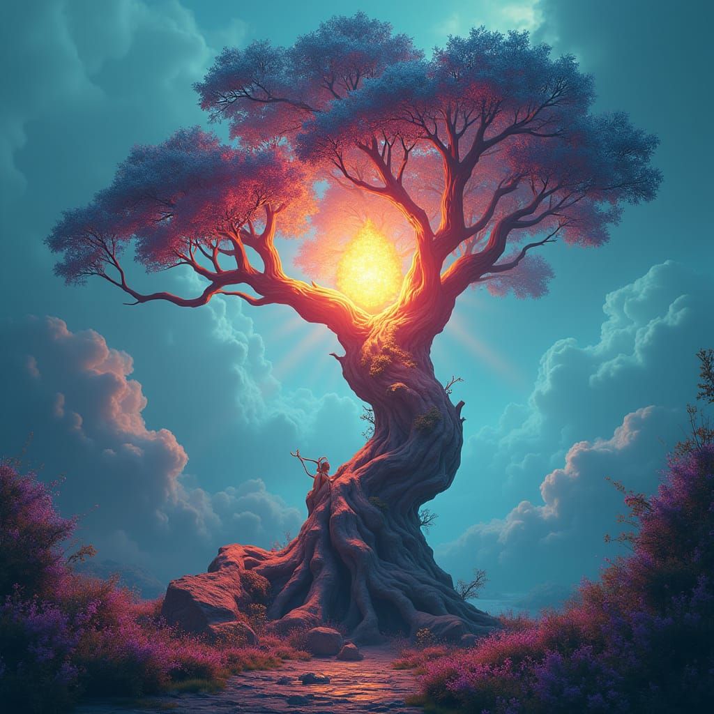 Majestic Glowing Tree in Dreamlike Landscape