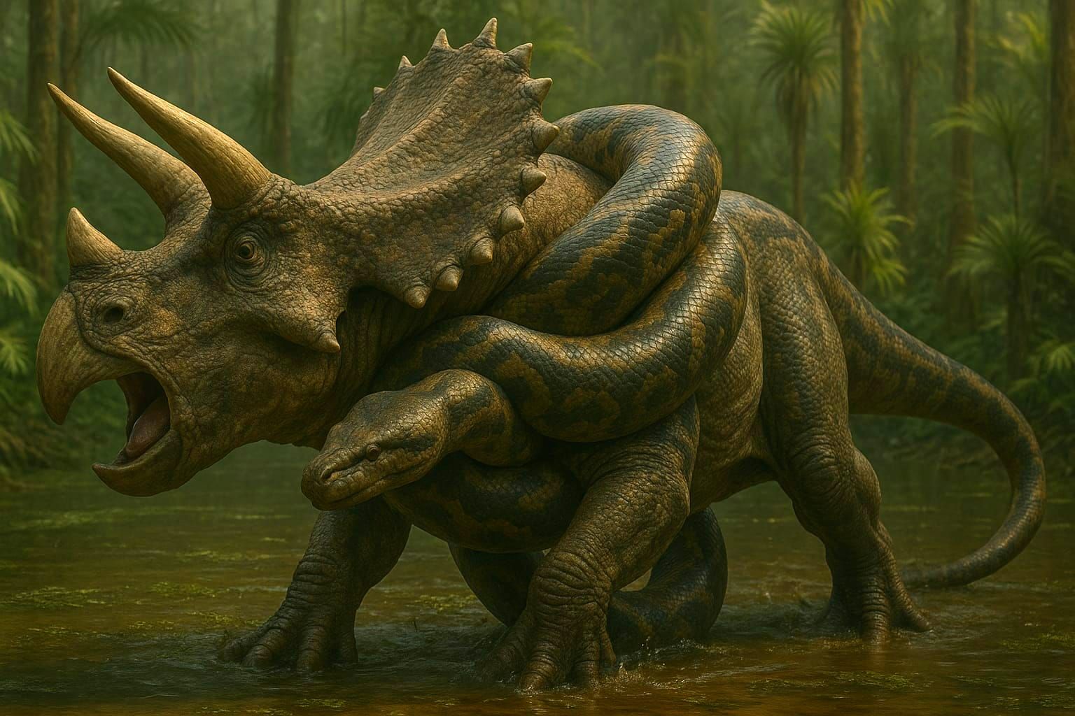Life in the Cretaceous : Madtsoia hunting young Triceratops