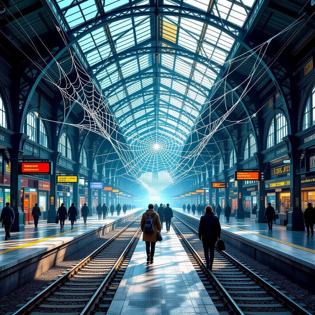 A vibrant, bustling train station where all the structures, from ticket booths to overhead signs and even the rails, are intricately woven f...