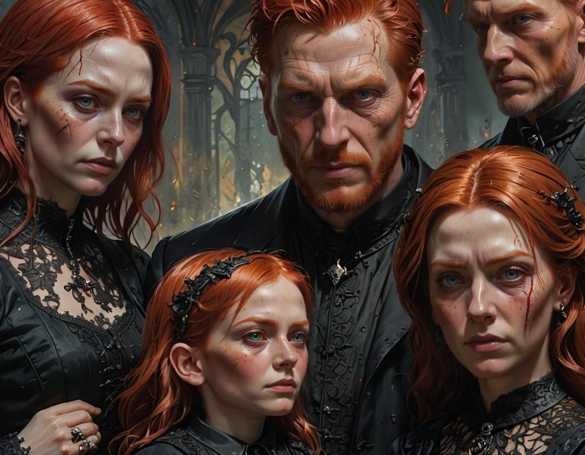 Red-haired Gothic family, four generations, ultra realistic,...
