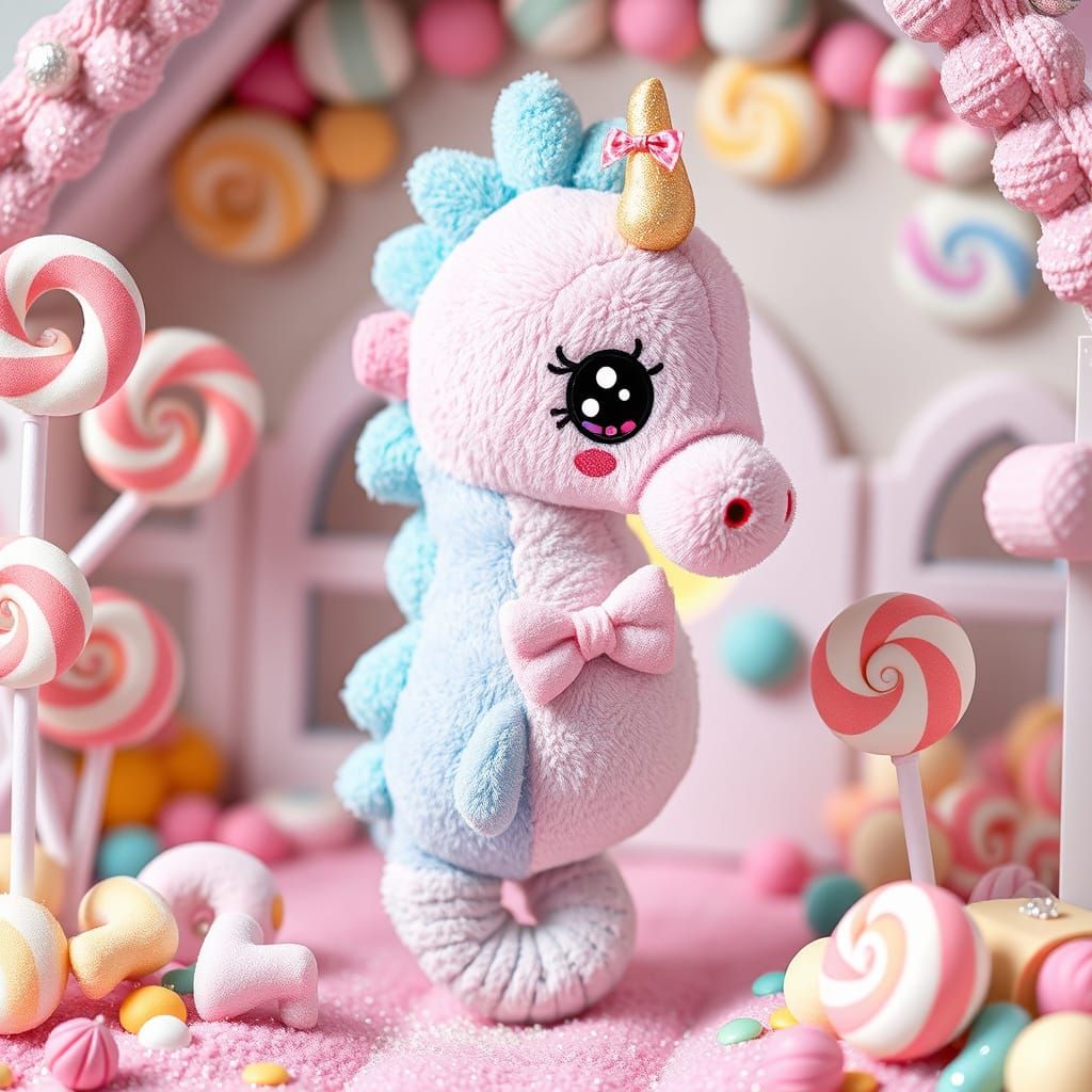 cute cuddly seahorse plushie come to life in a house made of candy chibi kawaii pastels  by @Mozauch-hua the clown