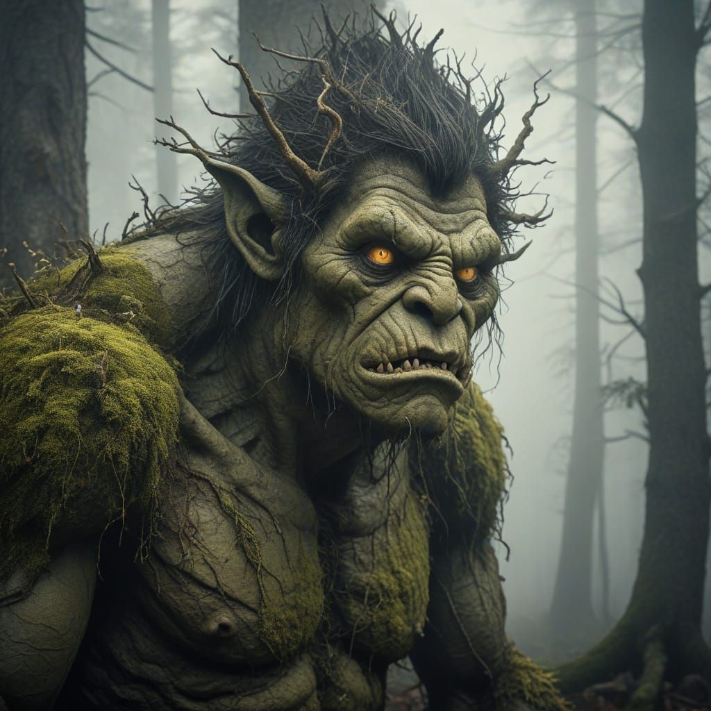 A massive, moss-covered forest troll emerging from dense morning fog in a deep Scandinavian pine forest. ...  by @Scarecrow73