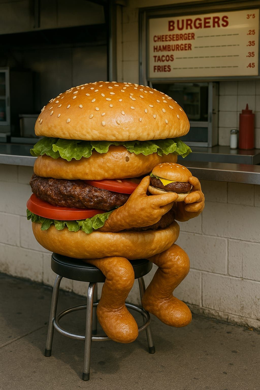 A giant hamburger sitting on a stool eating a regular a hamburger at a hamburger stand