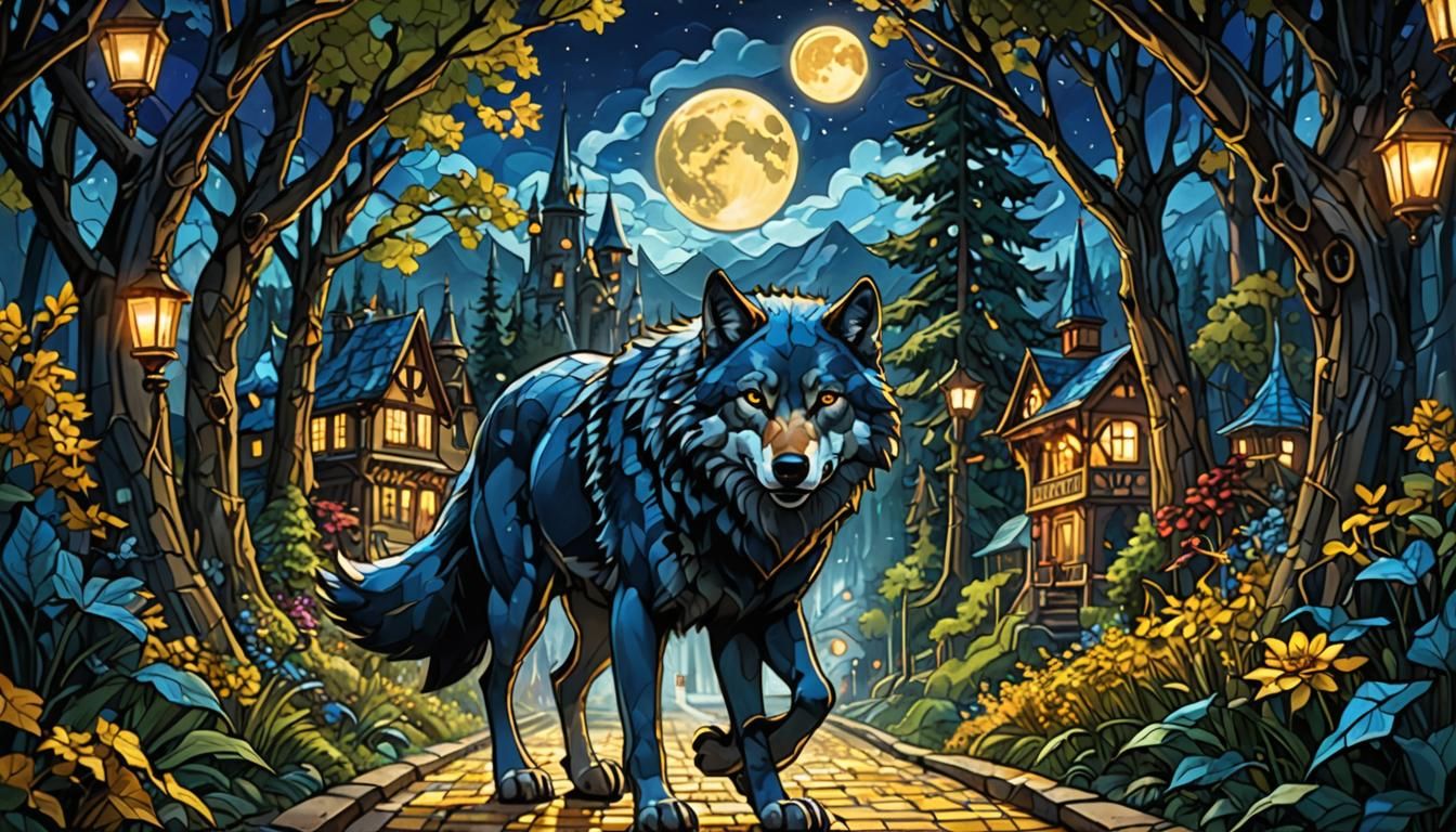 Stained glass dark blue forest man walking away from home fu...