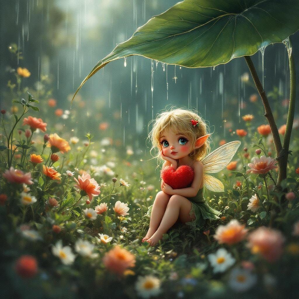 An adorable fairy sits under a big leaf during simmer rain.  by @Didier B