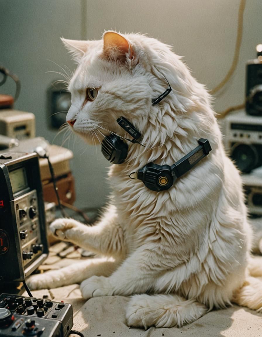 White cat with Motorola portable radio, high detail