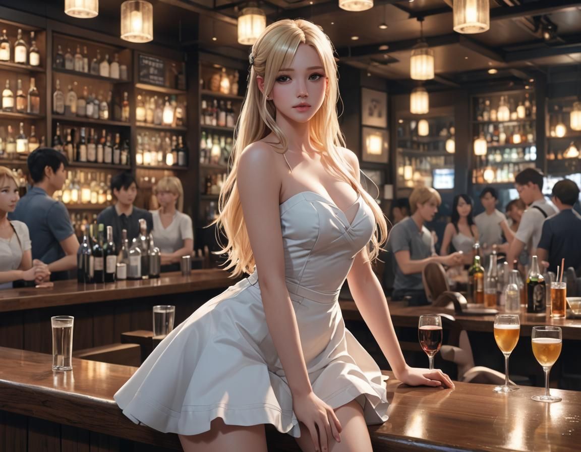 A girl with long blonde hair wearing a short-length white sl...