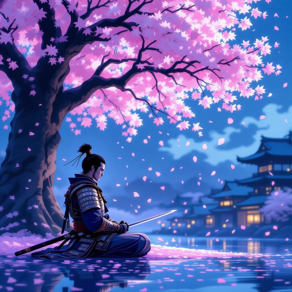 Samurai Meditating Under Bioluminescent Cherry Blossoms