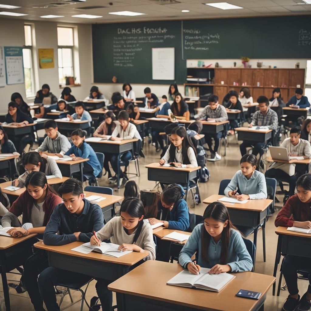 Classroom with students studying teacher teaching