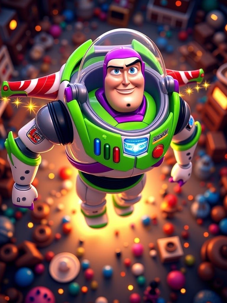 <lora:Mech Reboot vFLUX:1.0> Futuristic neon Buzz Lightyear hovering above basic toys in a bedroom, Christmas advertising style futuristic,...