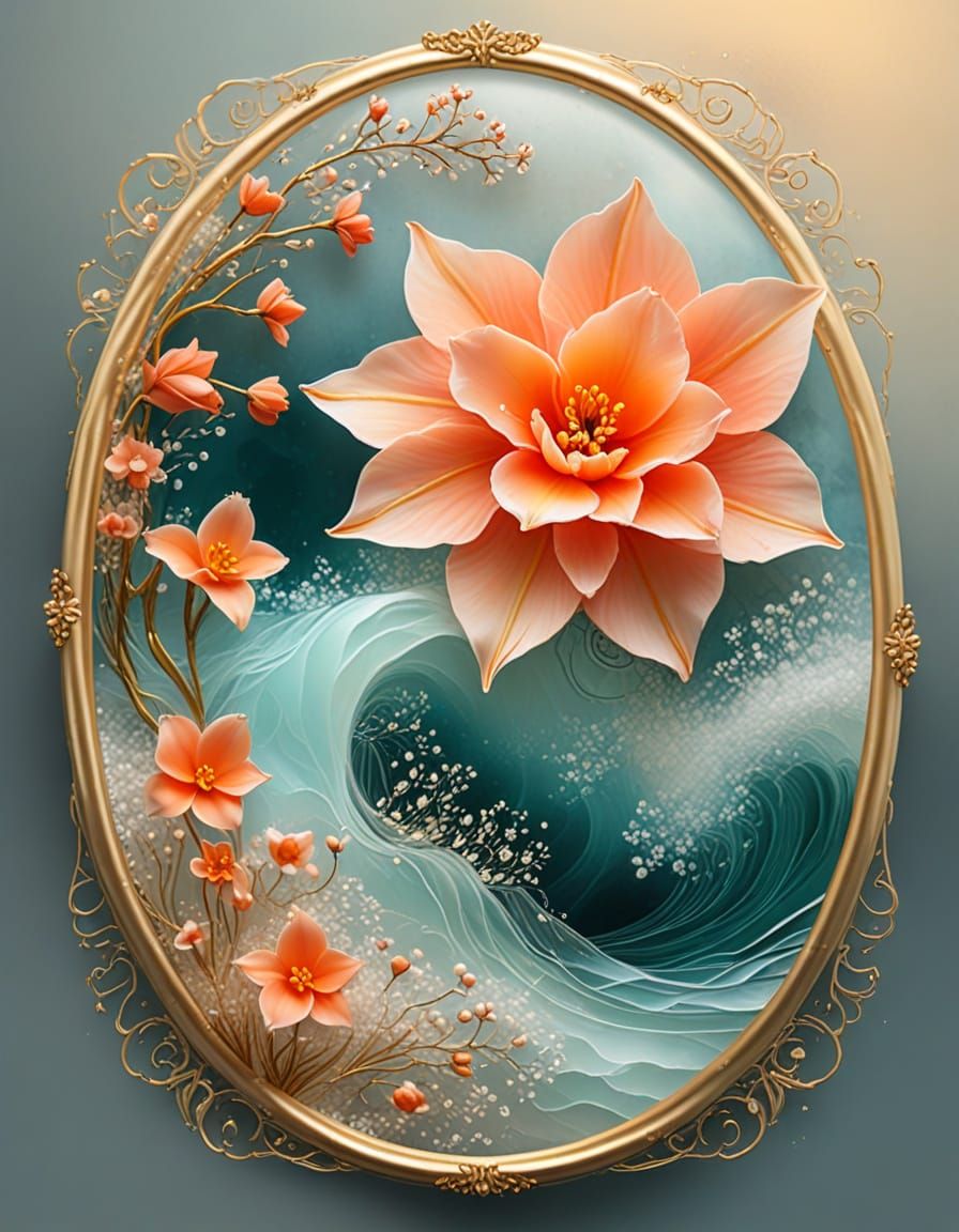 a painterly oblong, small image, alcohol ink art delicate coral-Narcissus flower and baby's breath, oblong gold frame, dream core, circular ...