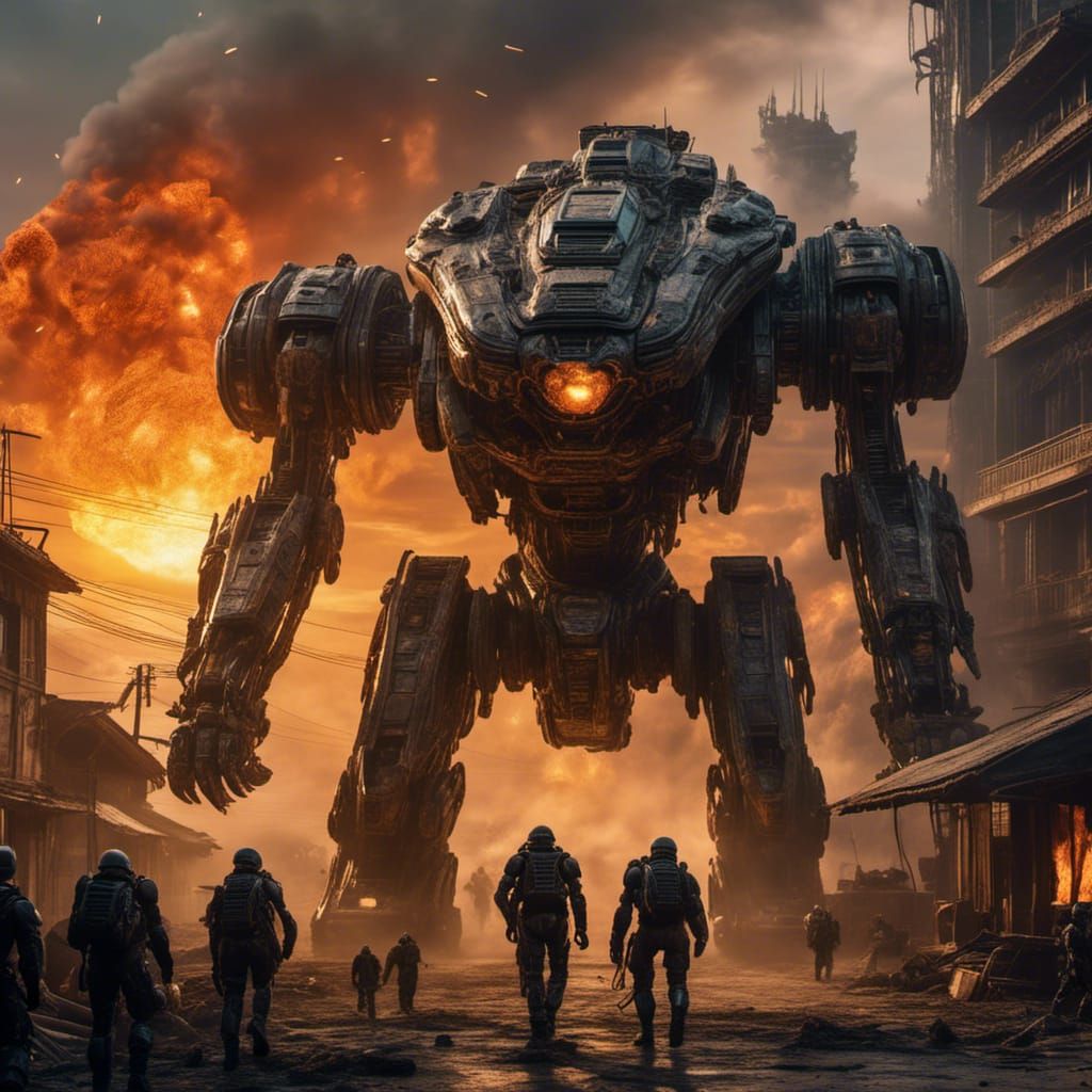 <lora:Alienbiopunk:1.0> A damaged battle mech emerges out of a burning town with soldiers walking in front of it. And a fiery sky above
