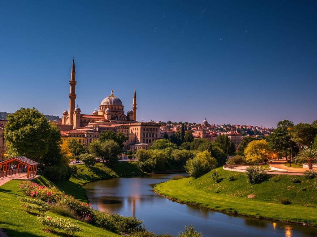 Surreal Industrial Landscape with Moon and Nature