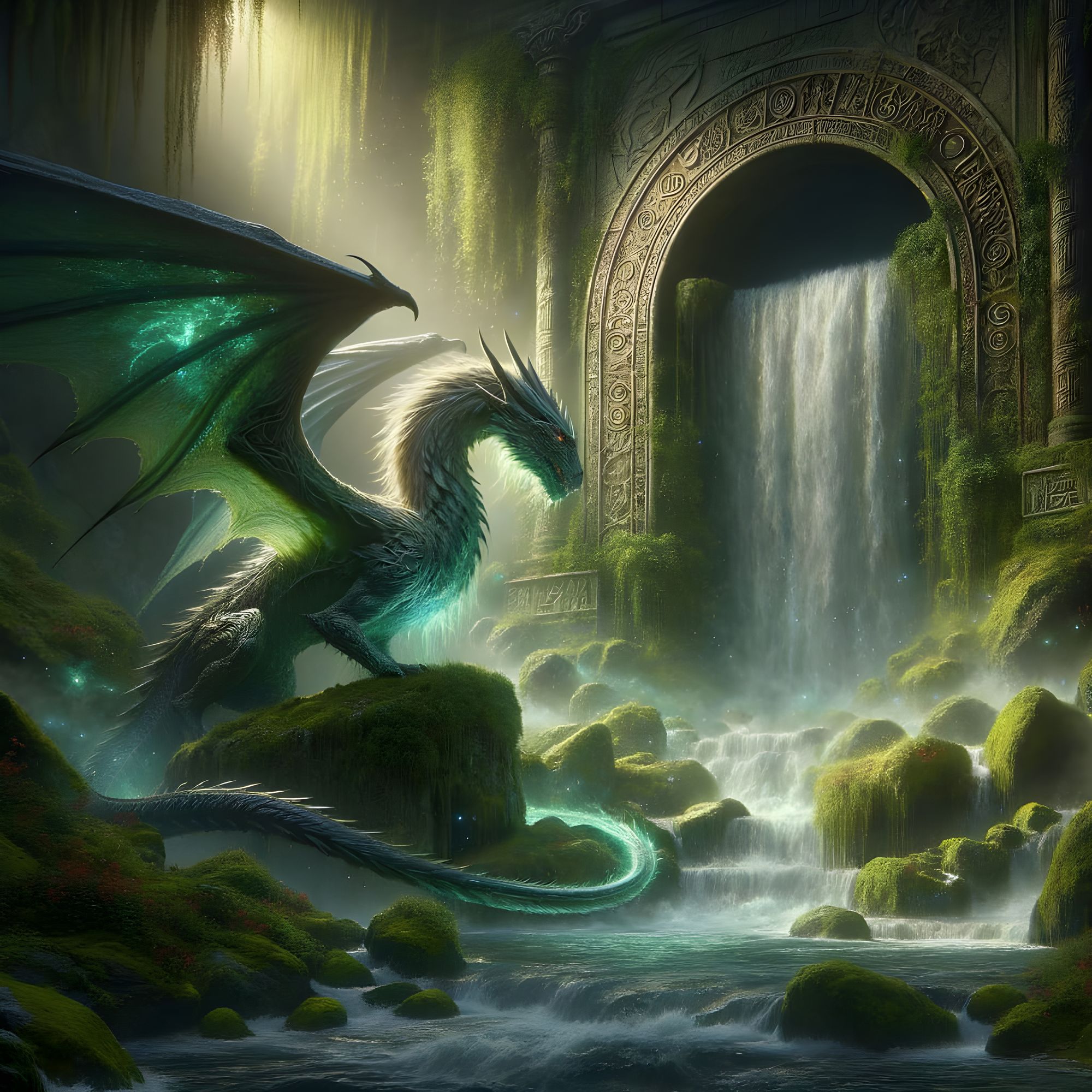 An ethereal dragon, its scales shimmering with iridescent light, guards a forgotten waterfall in a mystical, overgrown ruin. Ancient glyphs ...
