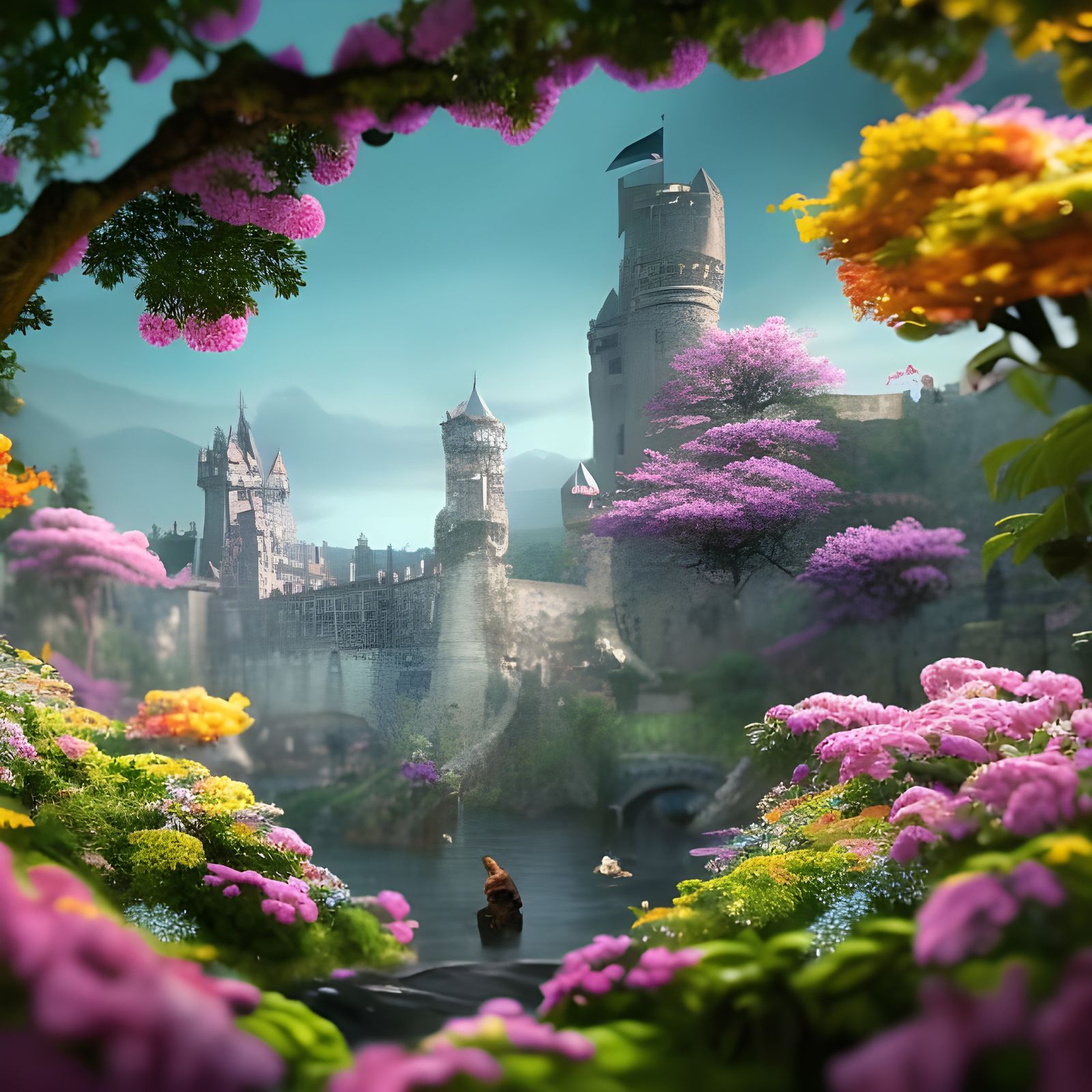 castle, 🌺🌸🌼🌻☘️🍀🌲🍃🍄, detailed matte painting, deep co...
