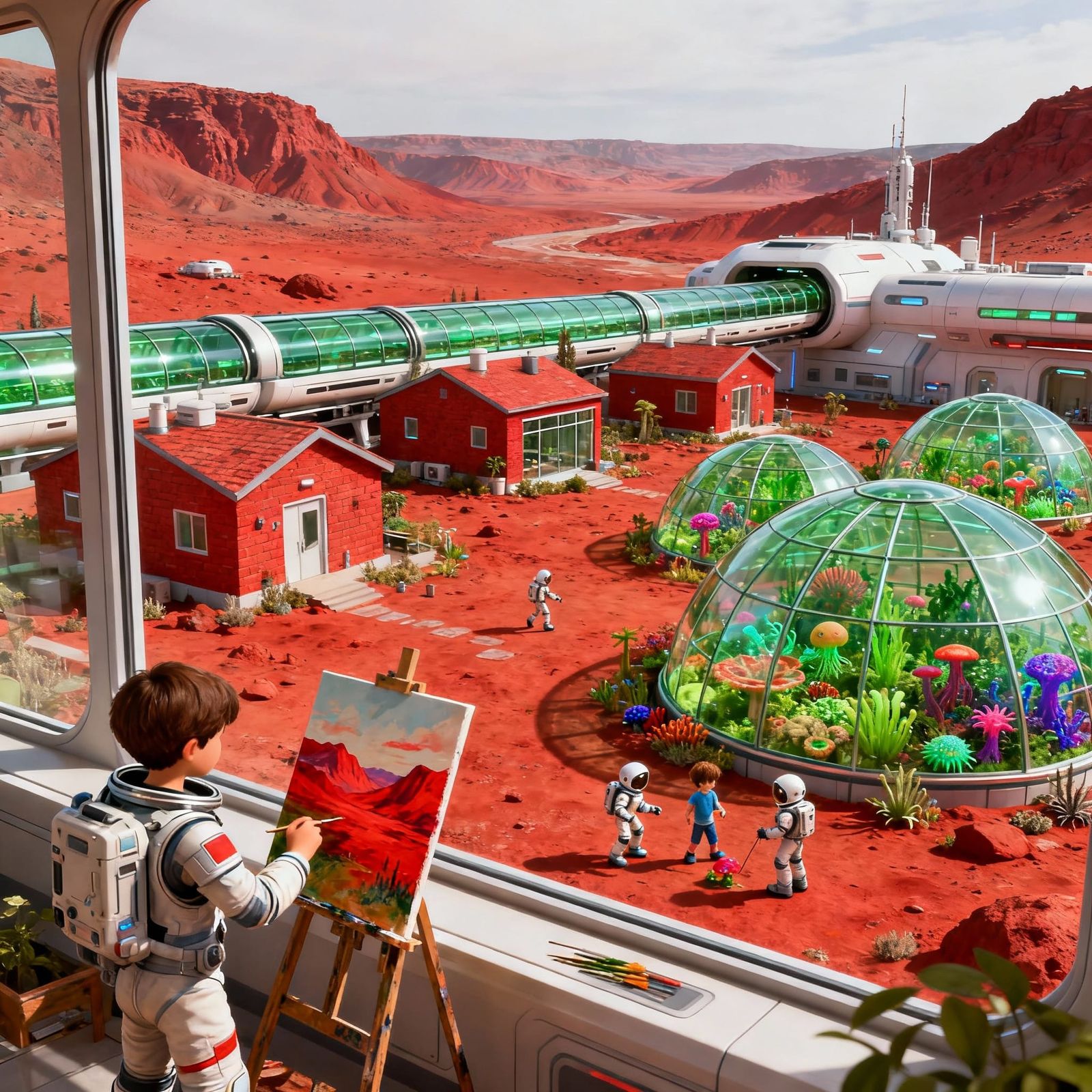 Life on Mars, red soil and valleys, humans lving within red brick and glass homes in which glass domes ...  by @Mary Schmidt