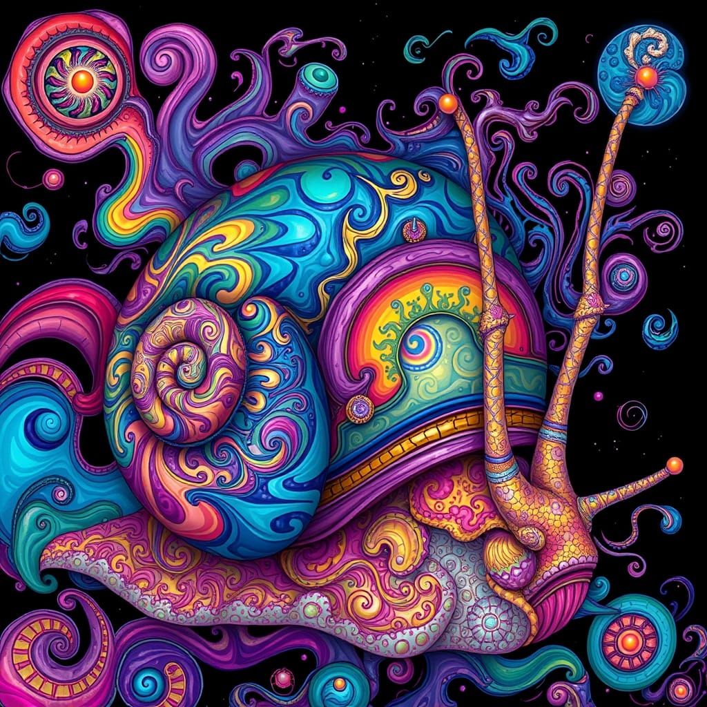 surreal and psychedelic imagery. I'd like you to create a hyper-detailed, dreamlike illustration of a multicolored psychedelic snail with in...