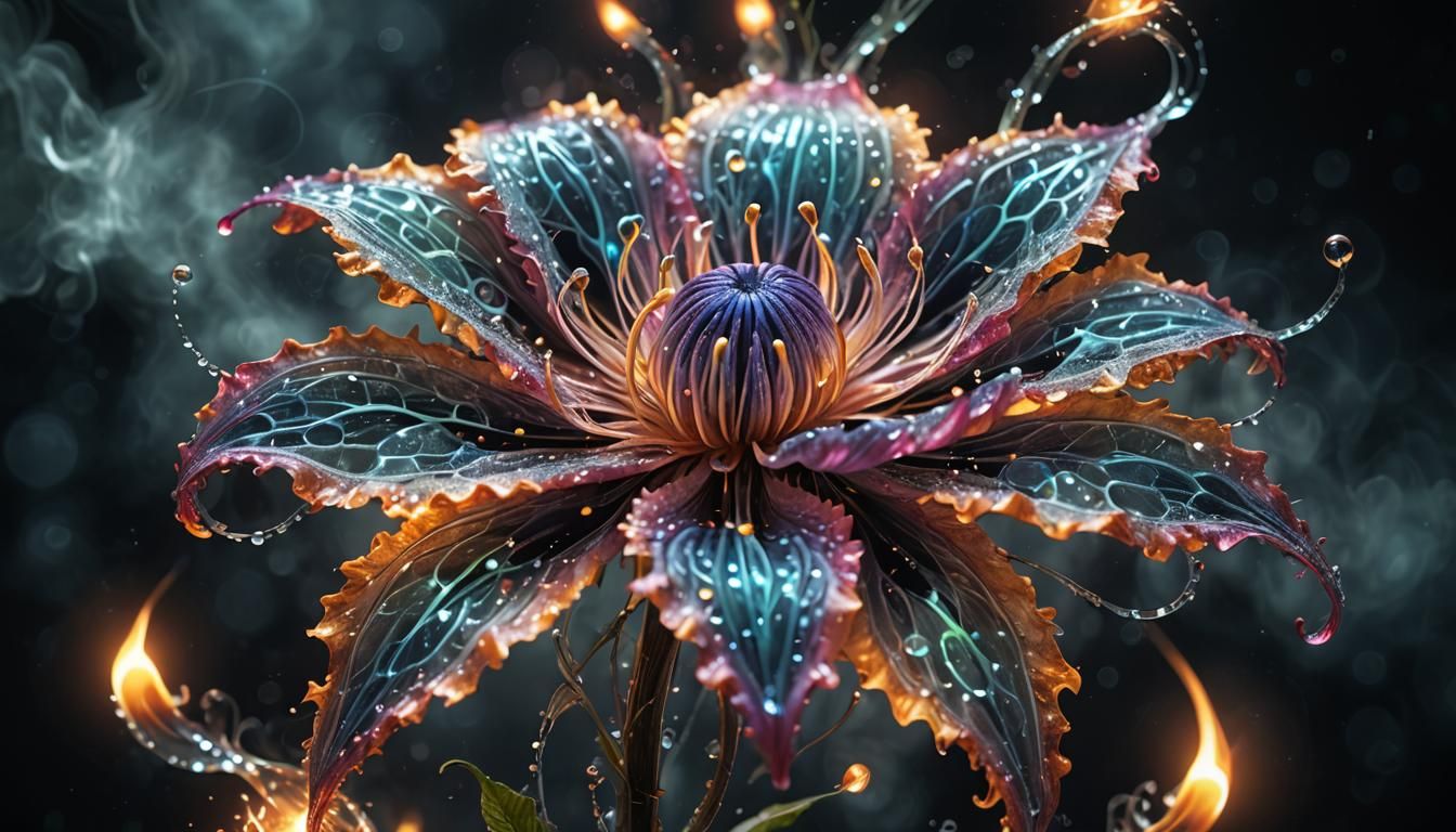 magical flower made out of ghostly transparent flames