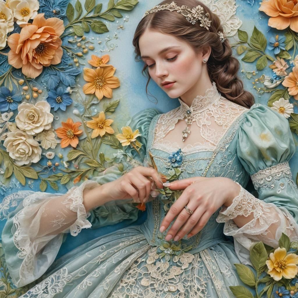 scrapbook page embellished with flower and lace, mixed media, majolica wet wash airbrush art split-complementary colors