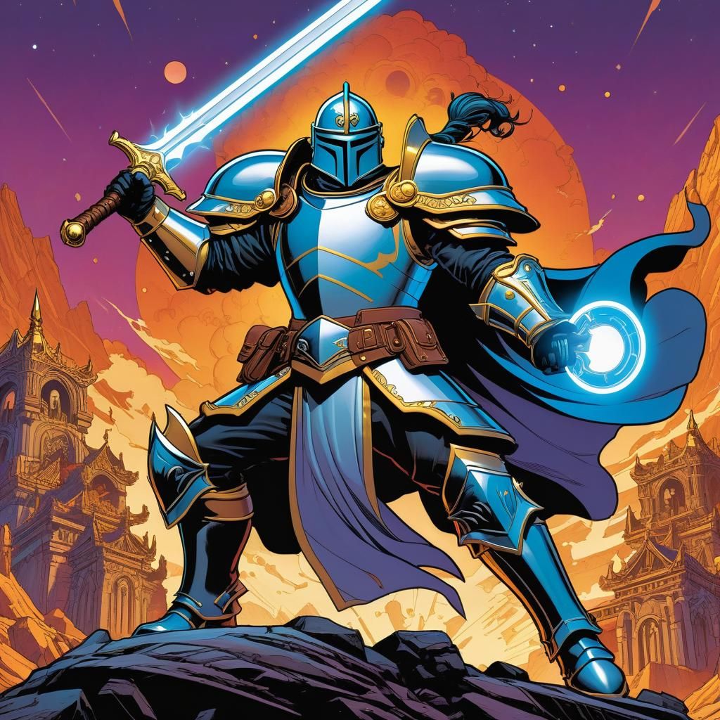Hyper detailed comic-book cel-shaded illustration masterpiece of a fantasy paladin in a battle pose, graphic novel style...