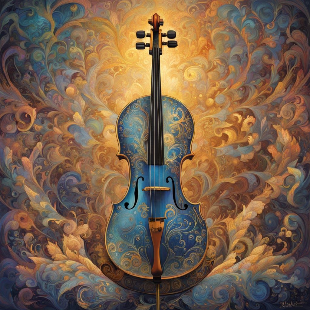 An ornate cello made of clear glass and gold, intricately detailed, plays in a magical realm where sound ...  by @BINUSH