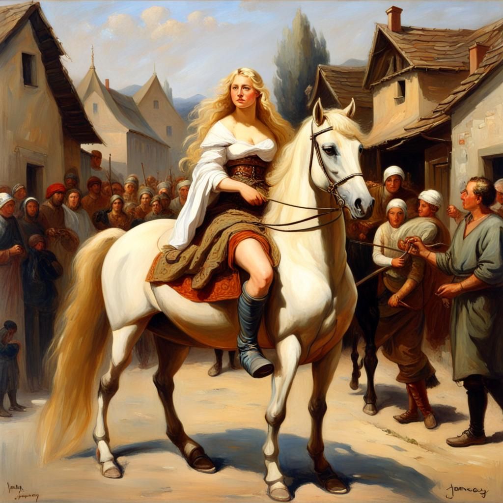 Lady Godiva with long blonde hair riding on horseback walkin...