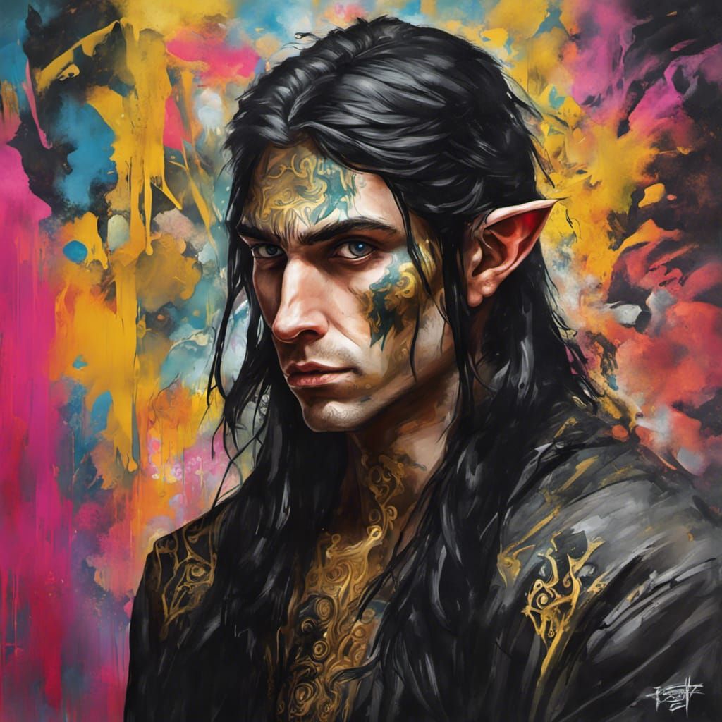 Portrait Of A Male Elf With Gold Eyes And Long Black Hair - AI ...