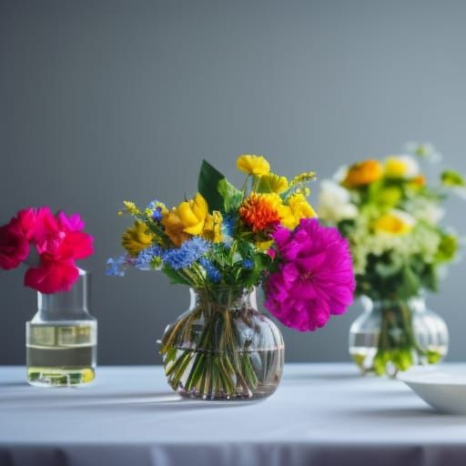 a vase of colorful flowers on the table, backlit, photo, 4k,...