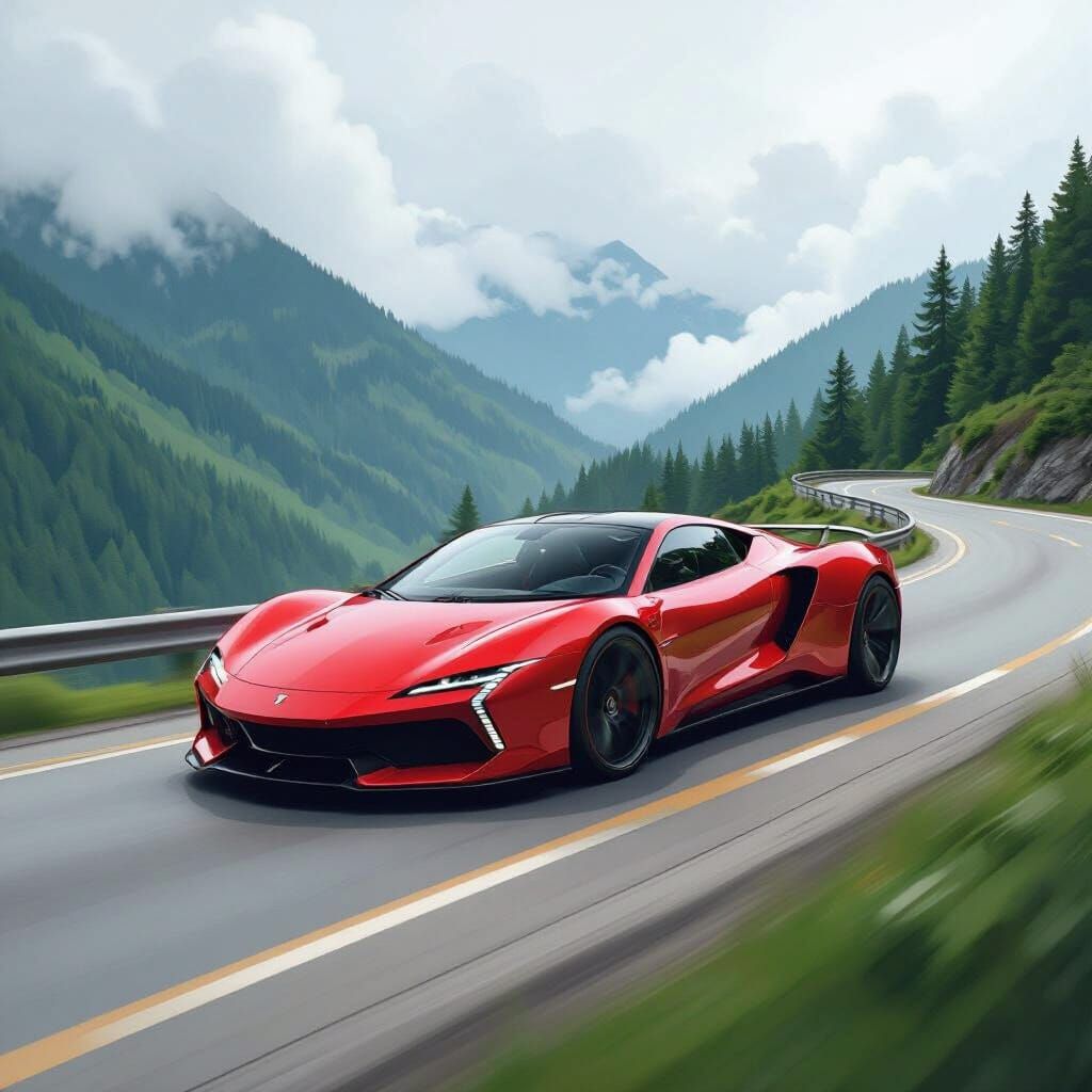 Red Sports Car on Mountain Road in Futuristic Style