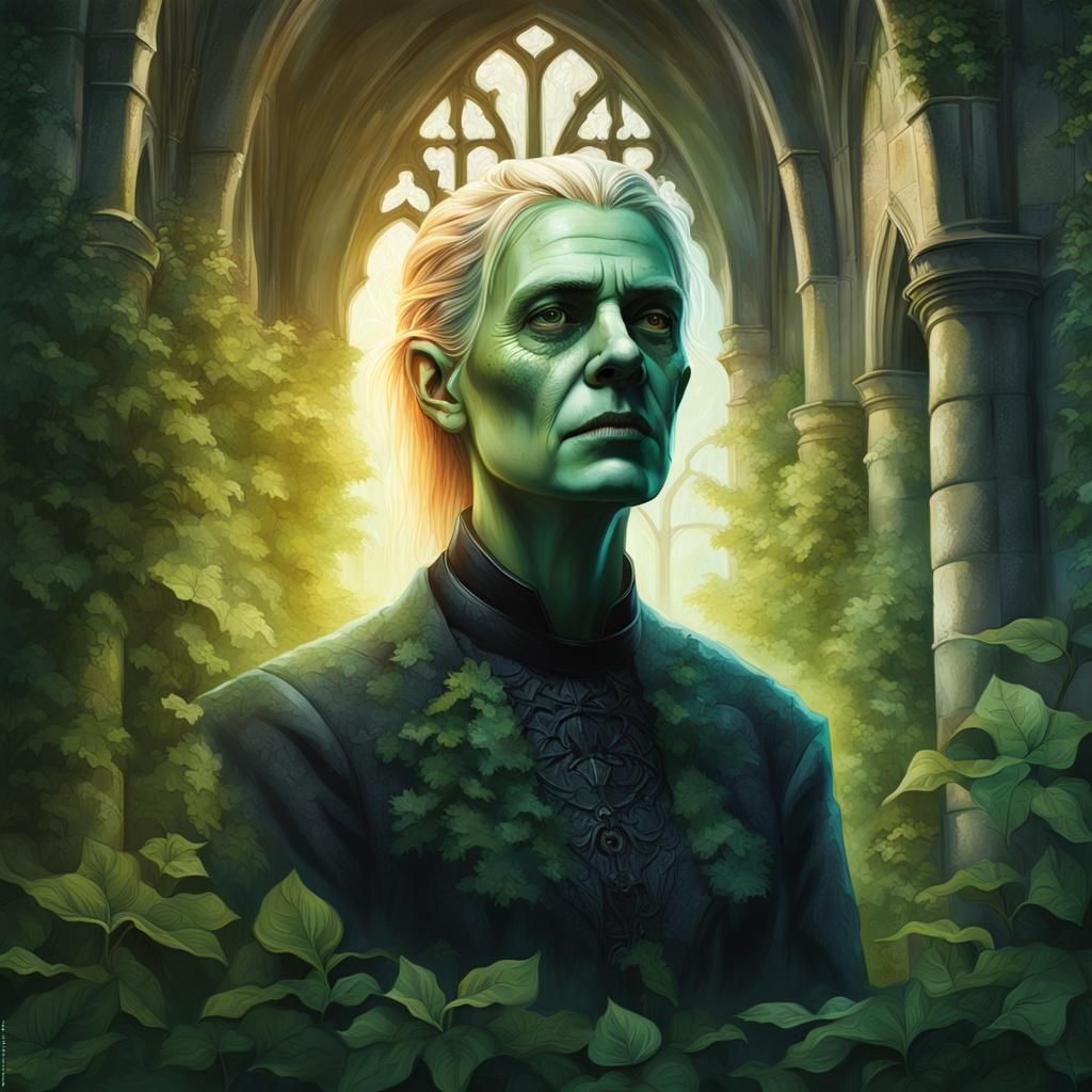 Portrait of stunning blonde Frankenstein in a verdant overgr...