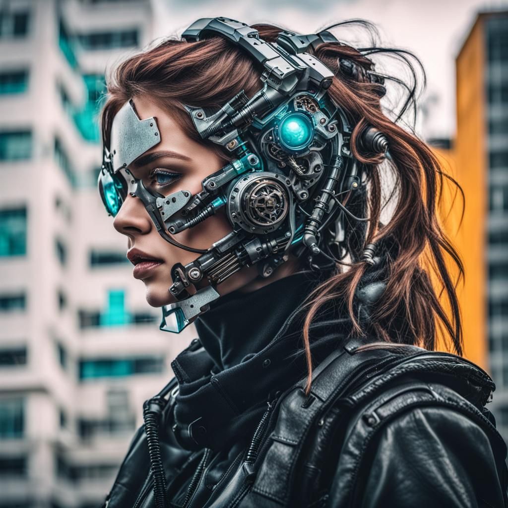 A pretty woman dressed in the cyberpunk style wither her face half mechanical and beautigul