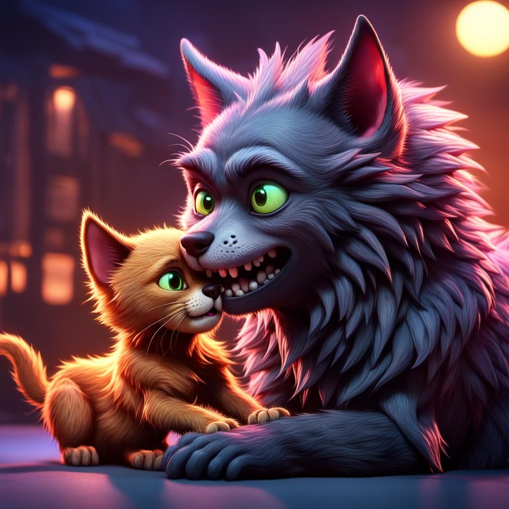 werewolf cat  eating  a dog