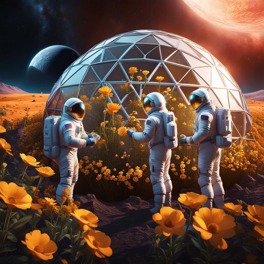 Three men in spacesuits tending to the flowers in a geodesic...