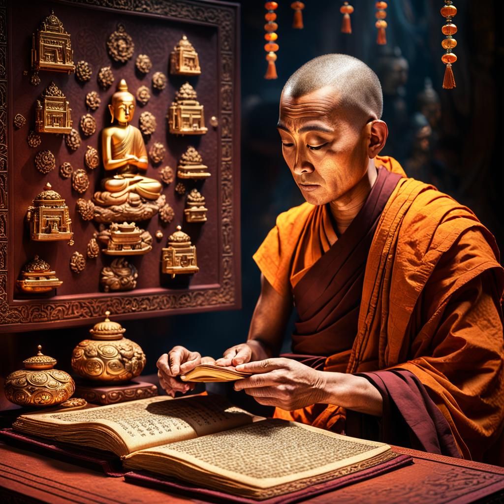 Serene Buddhist Monk with Treasures in Hyperrealism