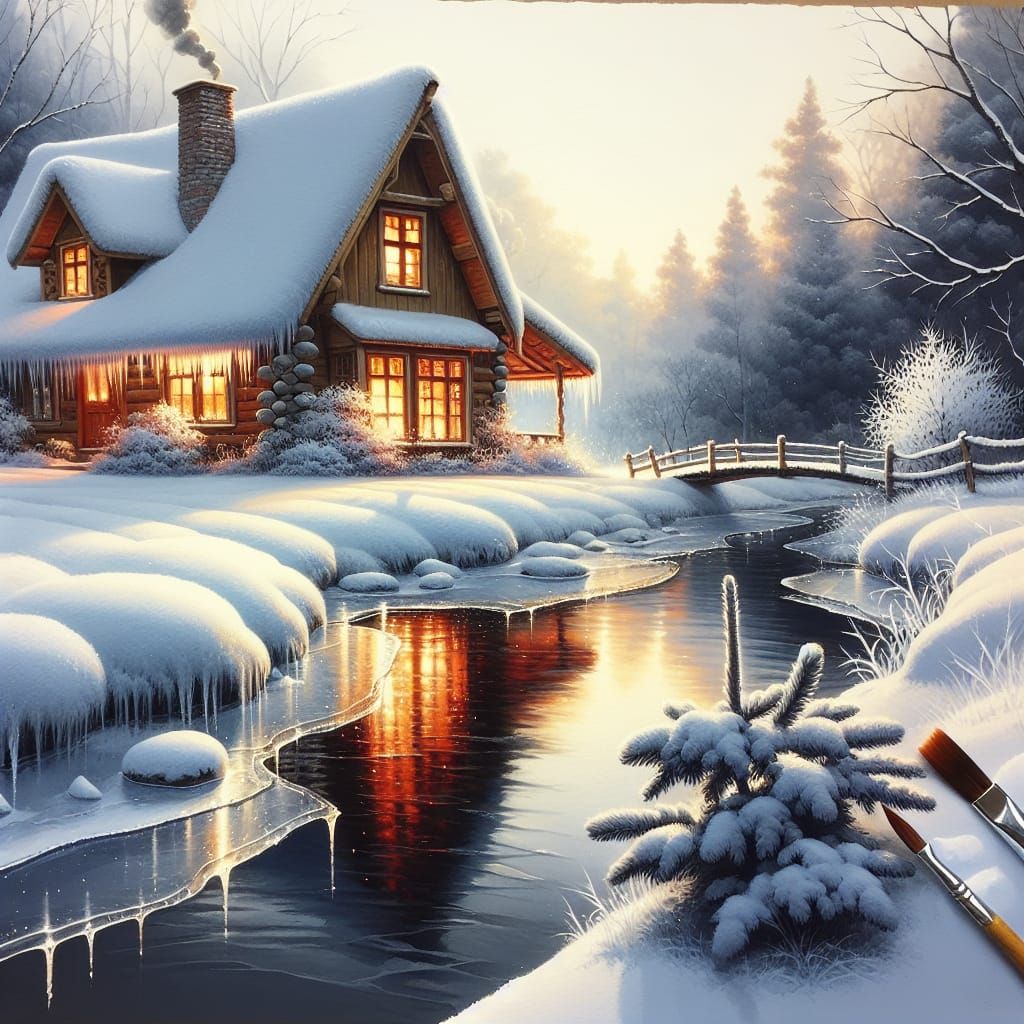 Winter Cottage by a Frozen Stream