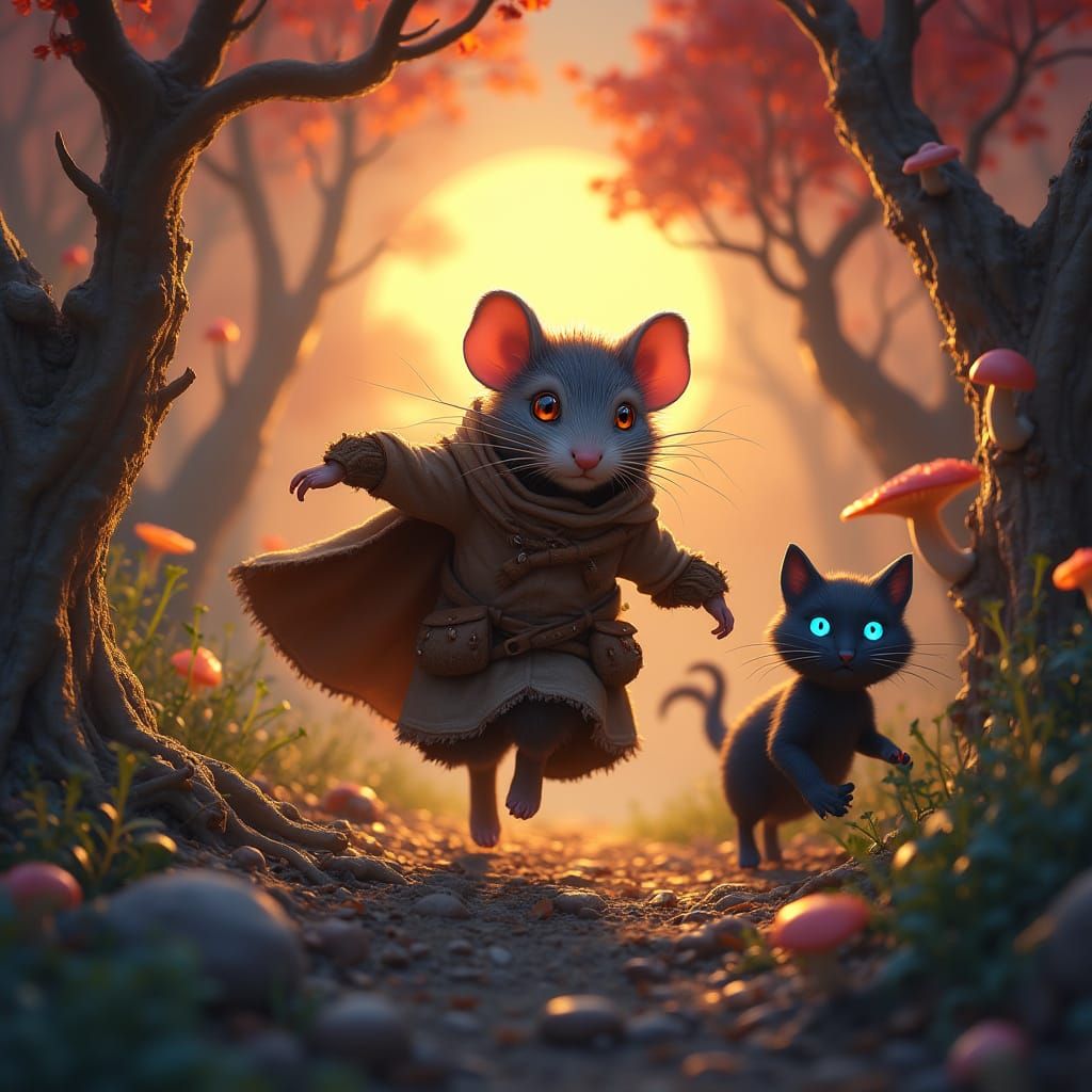 Mouse in Earthy Brown Cloak Chases after Iridescent Cat in D...